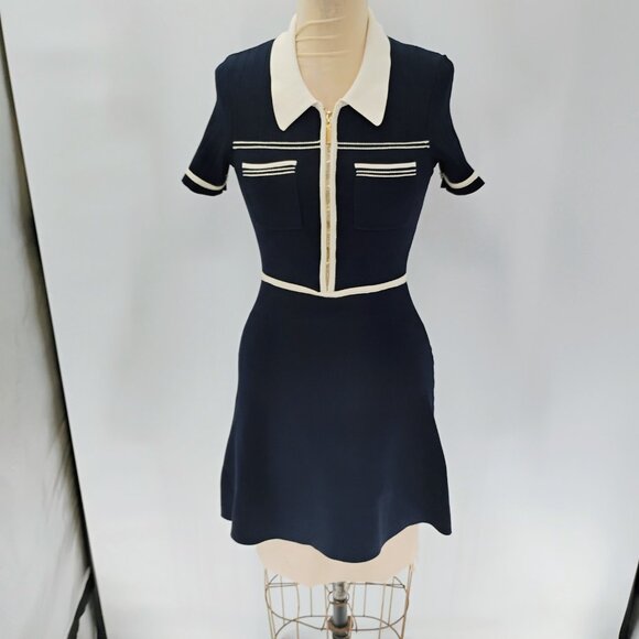 Sandro Two Tone Knit Dress Size 38 in Ecru/Marine - Picture 11 of 16